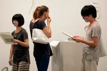 “Cover your mouth with tape”. Tape, instructions, visitors. 2012. National Museum of Modern Art, Tokyo