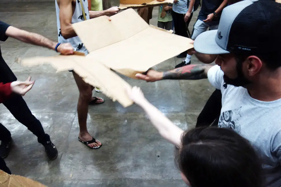 “Reproduction of the birth of the countries”. Workshop. Homeless used cardbord, broken road concrete. 2018. Japanese Pavilion of Ibirapuera Park, São Paulo