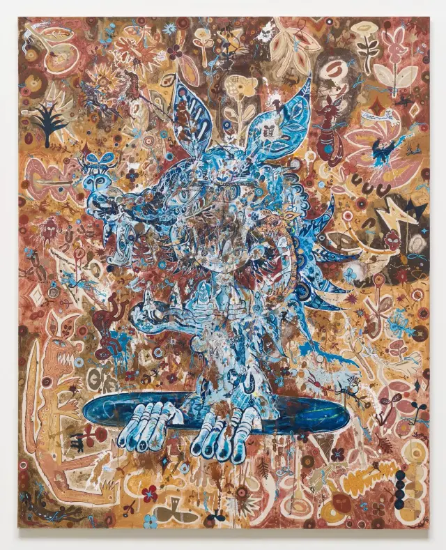 《水の記憶》2024年、キャンバスに土、アクリル、アクリルレジン、弁柄、コーヒー、炭、色鉛筆、H162xW130.3cm