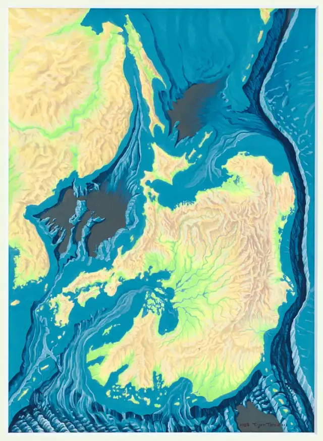 《列島変身》 (1984) 紙にグワッシュ、木製フレーム付き / Archipelago in Transformation (1984) Gouache on paper, wood frame / Frame: H43.5xW33.3cm