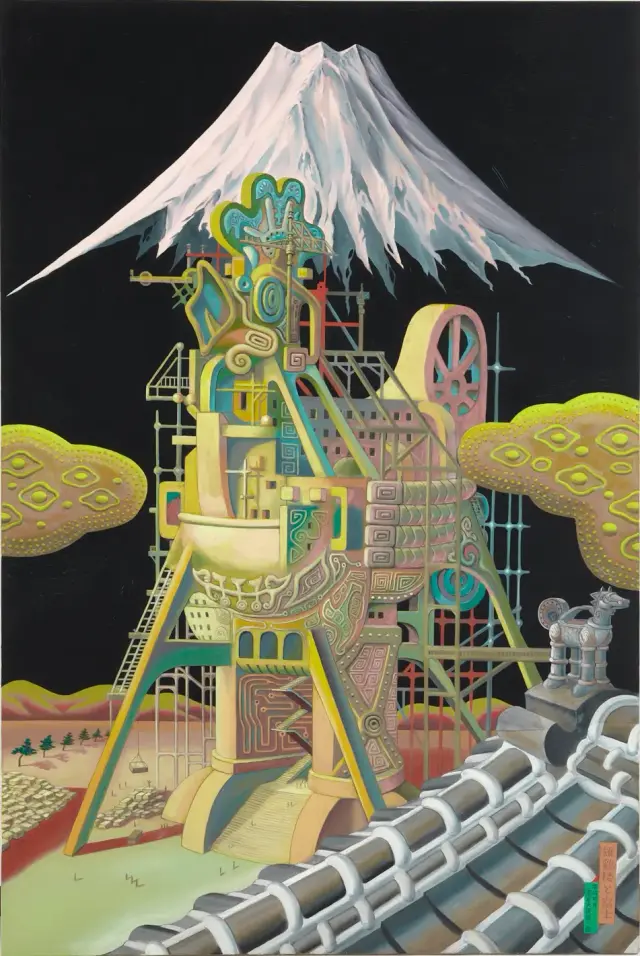 《雄鶏楼と富士》 (1992) キャンバスに油彩 H194xW130 cm / Cock tower and Fuji (1992) Oil on canvas, H194xW130 cm