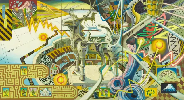 《音雷韻走査》(1994) キャンバスに油彩 / Online Radar (1994) Oil on canvas / H145.5xW268.2cm (3 panels)