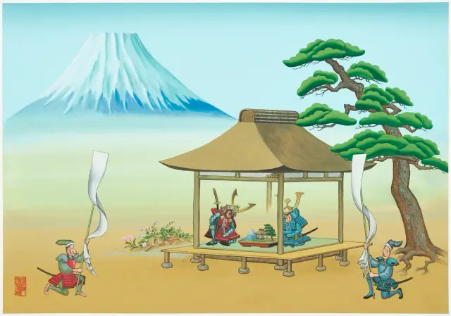 《ある軍縮会議》 (1986) 木板にグワッシュ / A Conference of Armament Reduction (1986) Gouache on wood panel, H36.2xW51.5cm
