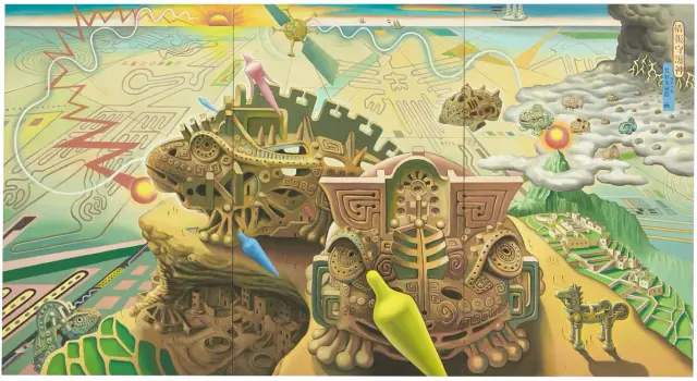 《情報守護神》 (1994) キャンバスに油彩 / Guardians of Information (1994) Oil on canvas, / H145.5xW268.2cm (3 panels)