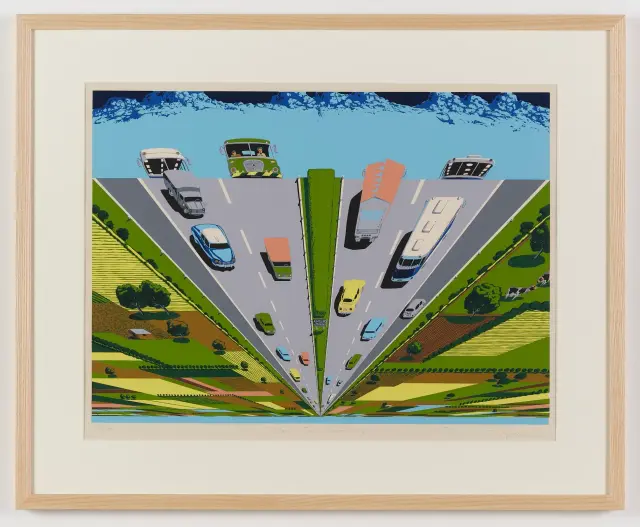 《Milano,Torino Super way》 (1974) 紙にシルクスクリーン / Milano,Torino Super way (1974) Silk screen on paper / sheet:H57xW76cm frame: H67xW87xD3cm