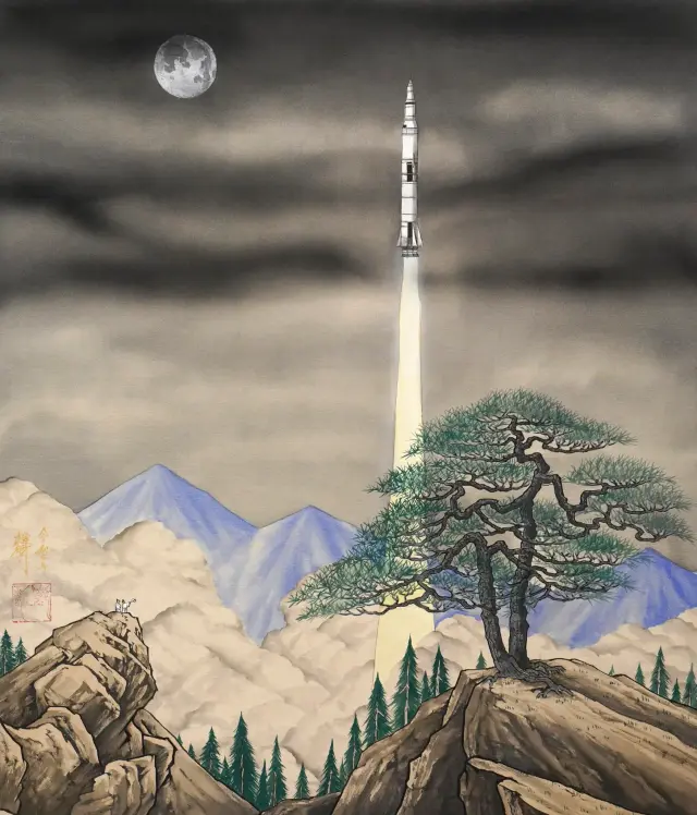 Launch a Moon Rocket ・ 2025 ・ silk, shell white, pigments, Chinese ink, animal glue