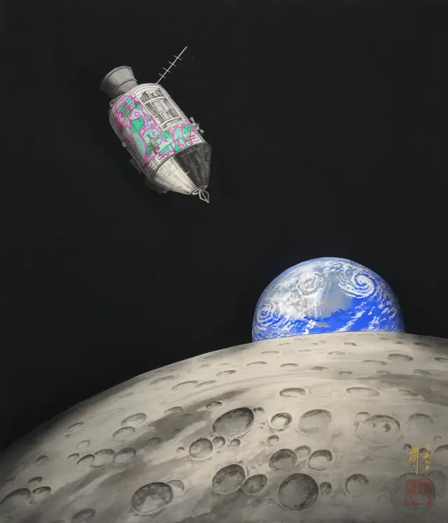Lunar Orbiter ・ 2025 ・ silk, shell white, pigments, Chinese ink, animal glue