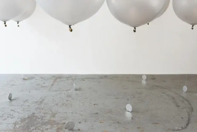 Ducks and Drakes, 2014 Latex balloons, Hi-Float, helium, waxed linen thread, aluminium, coins Dimensions variable, unique in series