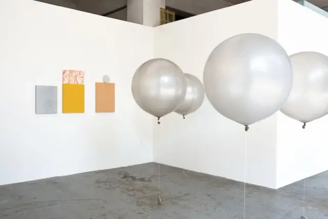 Ducks and Drakes, 2014 Latex balloons, Hi-Float, helium, waxed linen thread, aluminium, coins Dimensions variable, unique in series