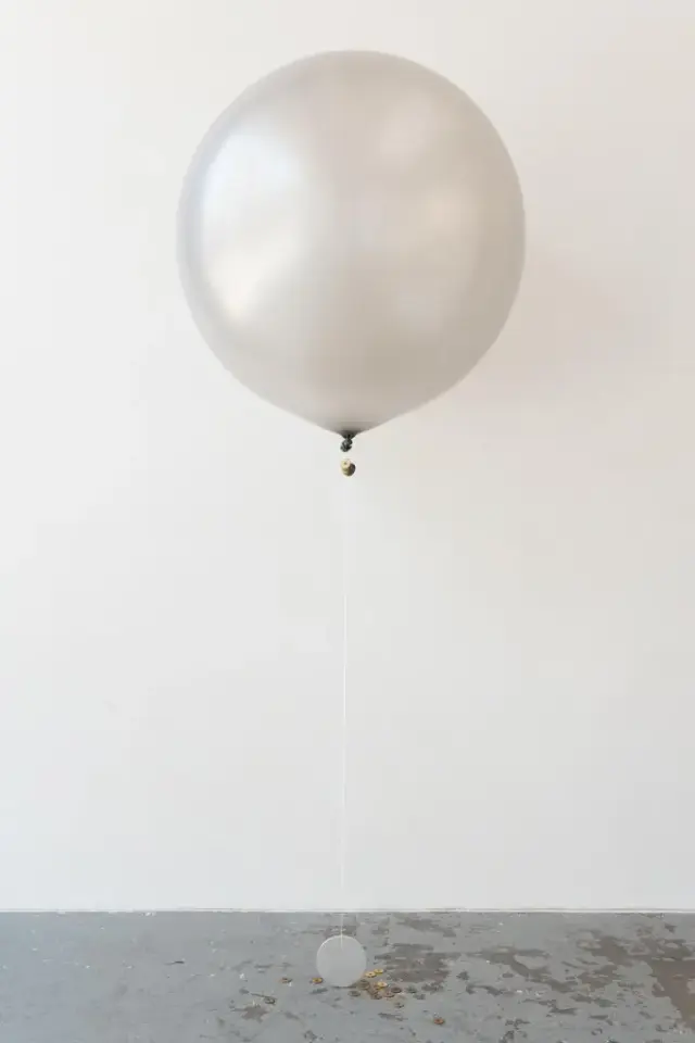 Ducks and Drakes, 2014 Latex balloons, Hi-Float, helium, waxed linen thread, aluminium, coins Dimensions variable, unique in series