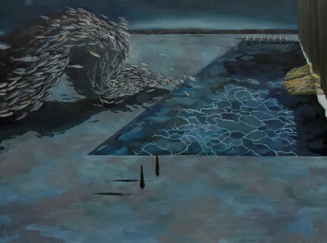 午前四時ごろ(静止する水位)blackout cartain ・ 2018 ・ oil on canvas