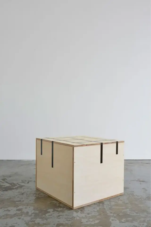 UNTITLED (BOX WITH DISSOLVING GRID), 2015, Painted plywood, 50 × 52 × 43 cm